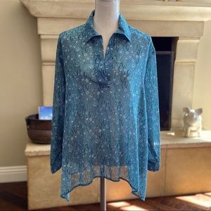 Cabi Blouse Tunic Long Sleeve Collar Green Floral Sheer oversized